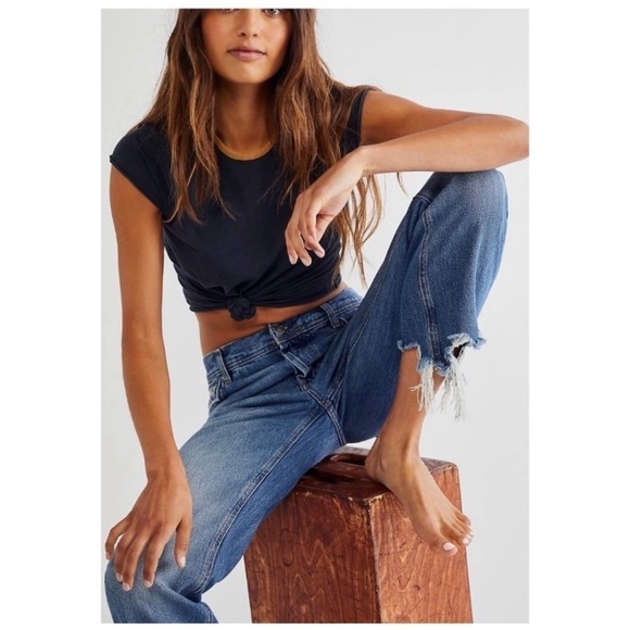 We The Free Denim - We The Free Maggie Cropped Straight Leg Distressed Raw Hem Denim Jeans Blue 28